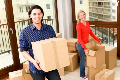Packed household boxes prepared for a local move in Finsbury Park