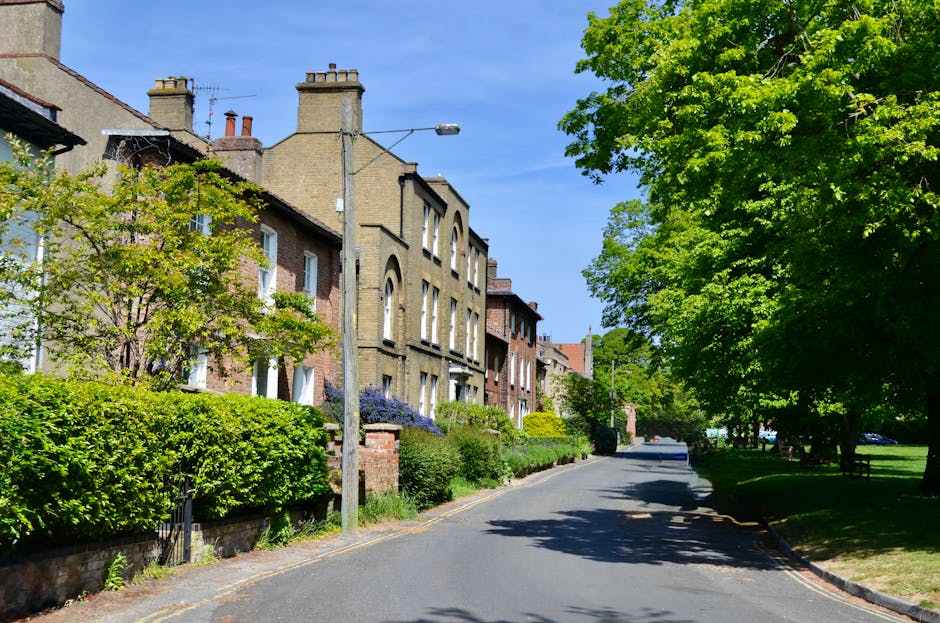 A quiet residential street on a sunny day with a row of Victorian-style terraced houses constructed from light brown brickwork, some with detailing and bay windows. The houses are partially obscured by lush greenery, including small trees and neatly trimmed hedges in front gardens. A lamppost stands prominently on the pavement, casting a shadow on the road. The street is paved with tarmac and appears to be part of a typical home relocation corridor, with no vehicles or moving equipment visible in the image, but the scene suggests a calm environment suitable for furniture transport and packing activities. To the right side, a large leafy tree provides shade over sections of the sidewalk and street, while the background shows more residential buildings and a blue sky with some wispy clouds, offering a clear, well-maintained setting for house removals or local moves, as managed by Finsbury Park Removals.